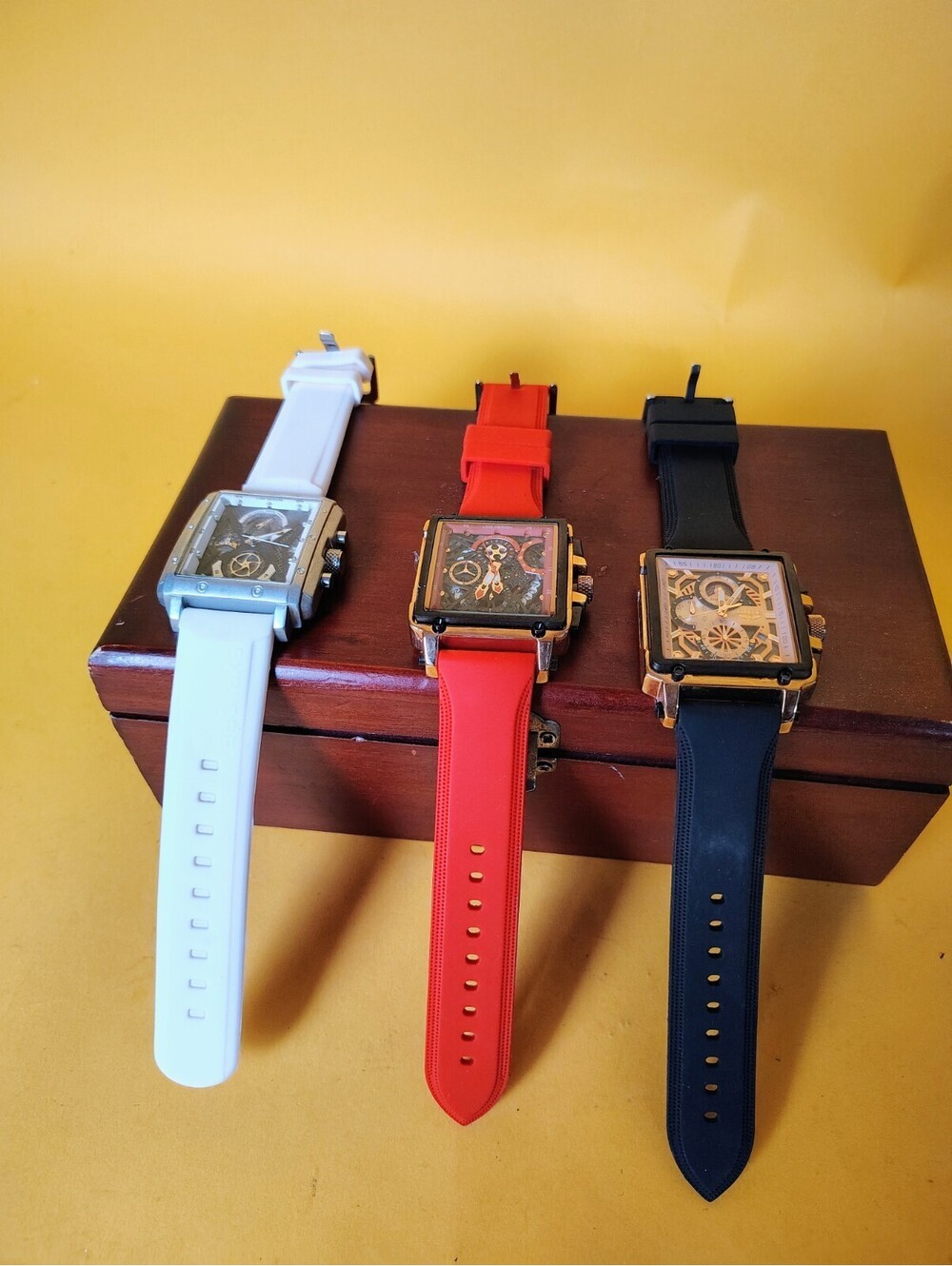 Lot of 3 LIGE Luxury Sport Watches Mens Chronograph Square Case Skeleton Dial